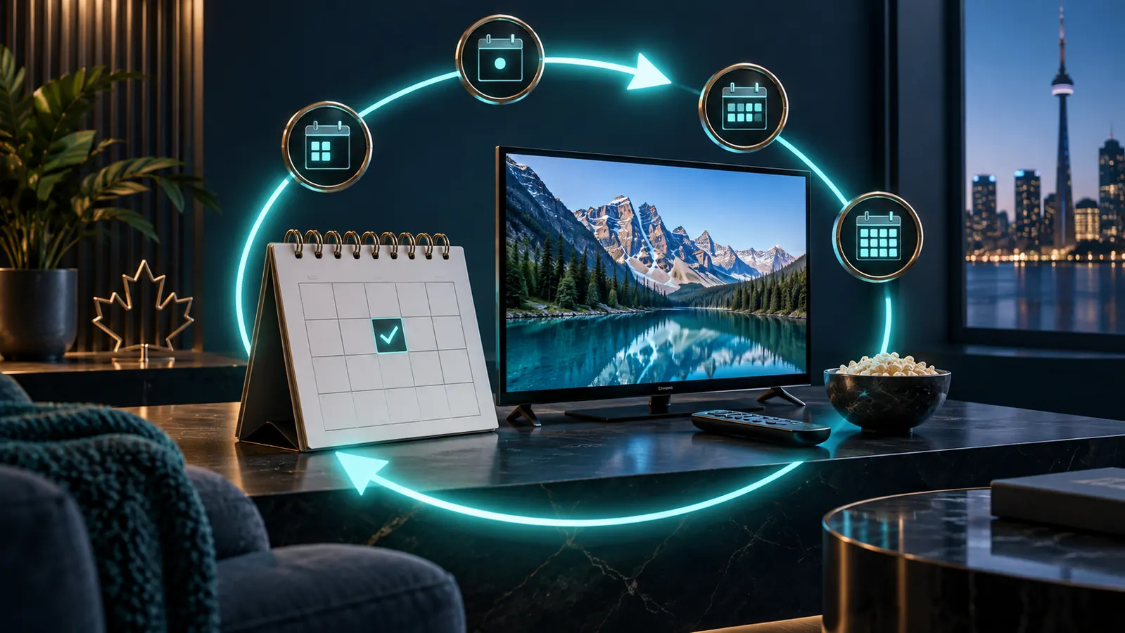 Calendar and television connected by a renewal cycle