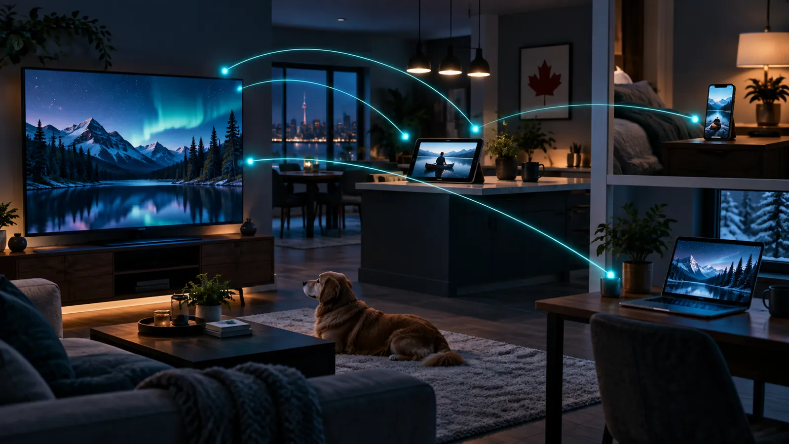 Television, tablet, phone and laptop connected across a household