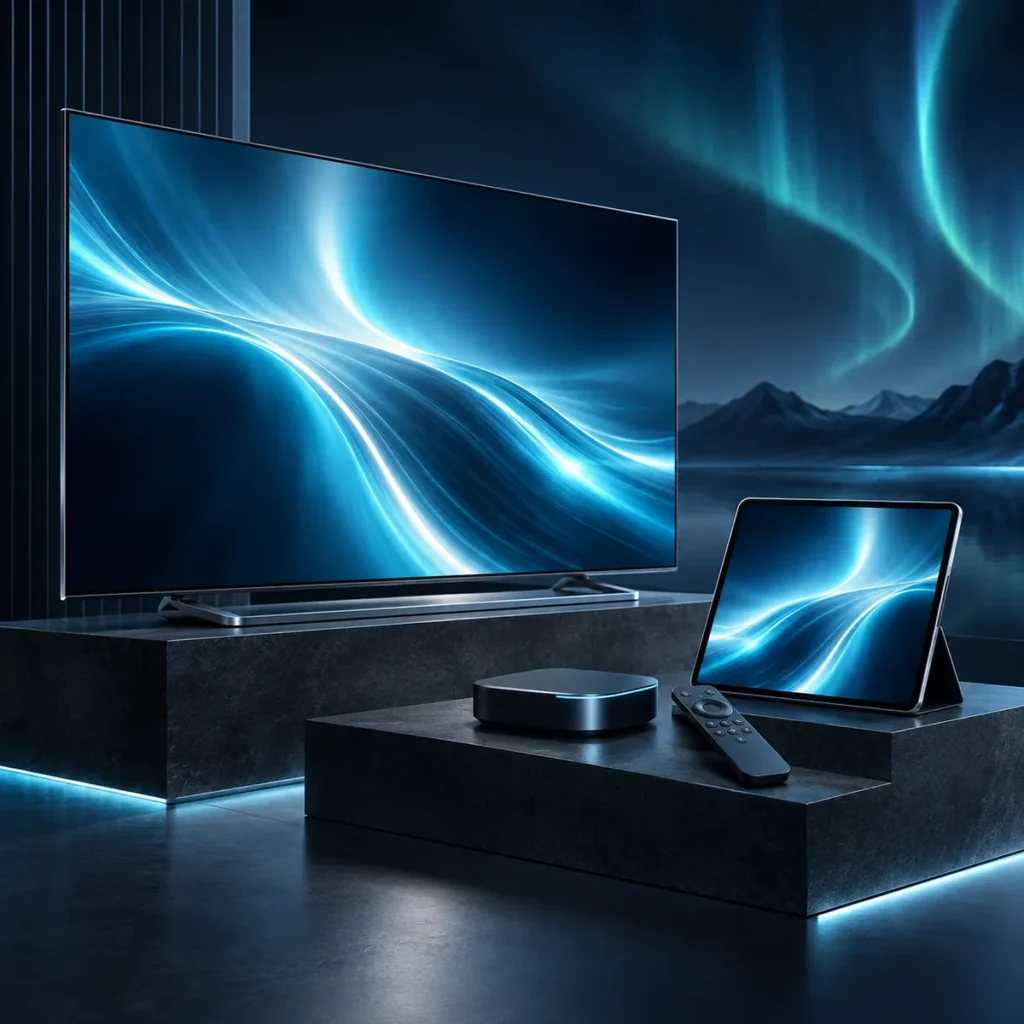 Premium IPTV service displayed on a smart television and tablet